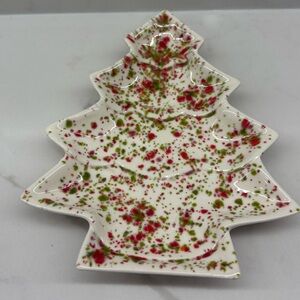 Vintage Green Red Splatter Christmas Tree-Shaped Ceramic Dish Trinkets Candy